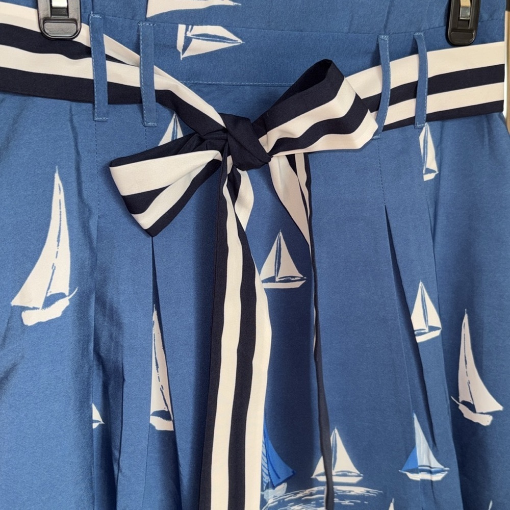 Pleated, A-Cut Sailboats on the Ocean With Stripes Fabric Belt (Size-M) - Picture 5 of 11